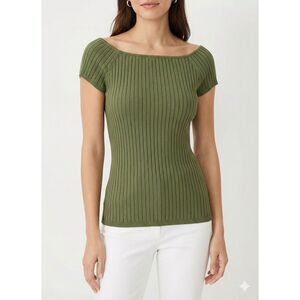 Ann Taylor Olive Green Ribbed Cap Sleeve Top S Office Siren Career Earthy Square